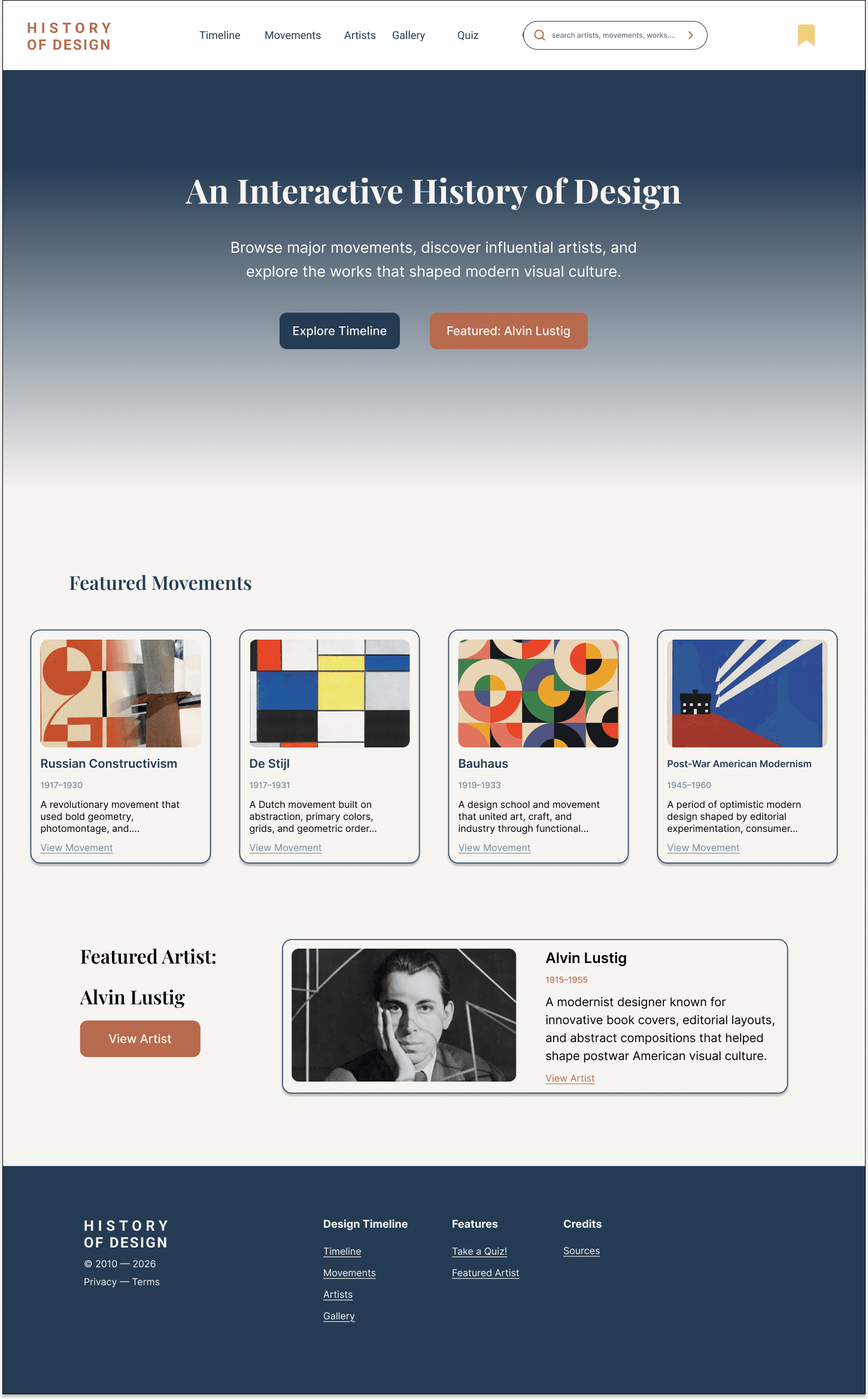 Design history timeline homepage with paths into movements and artists