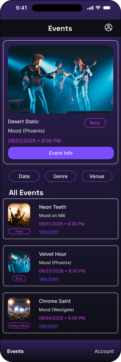 Mood mobile app with event discovery and venue filters